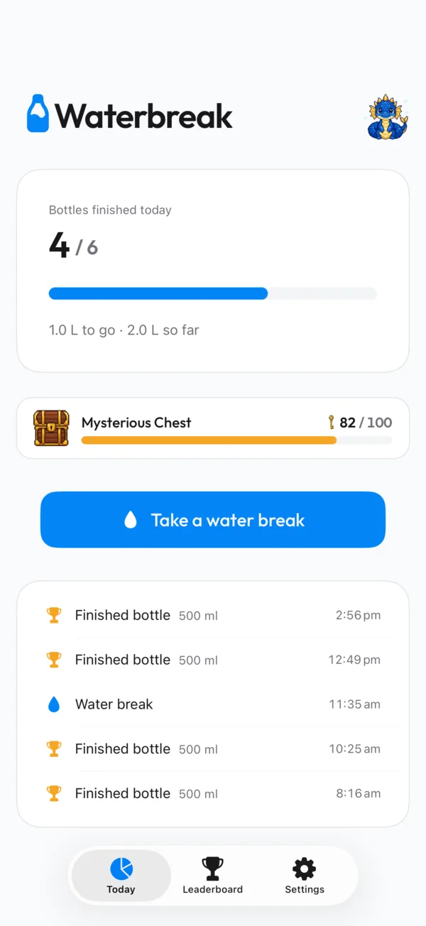 Waterbreak's home screen: 4 of 6 bottles today